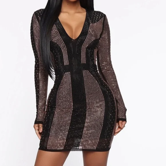 knee length dresses for ladies Gradient Rhinestone Long Sleeve Dress Black / Small